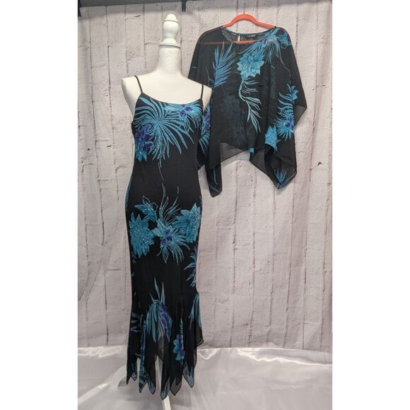 VTG 90s Y2K Eva Blue Plus Black Floral Beaded Fairy Asymmetrical Midi‎ Dress 10 - Picture 1 of 13